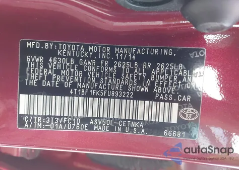 2015 Toyota Camry Le from USA, damaged, VIN 4T1BF1FK5FU893222